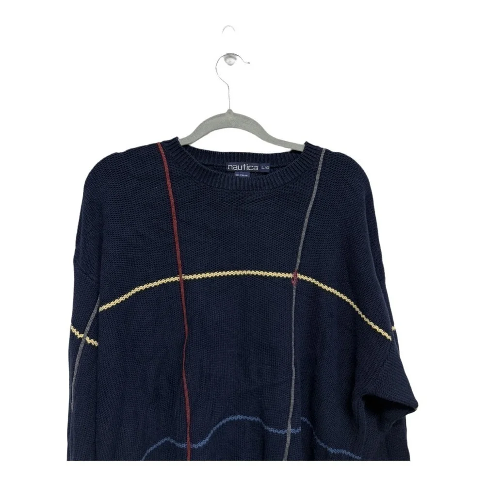 Nautica Dark Blue Grid Stripe Pullover Sweater Heavy Cotton Knit Preppy Retro L
